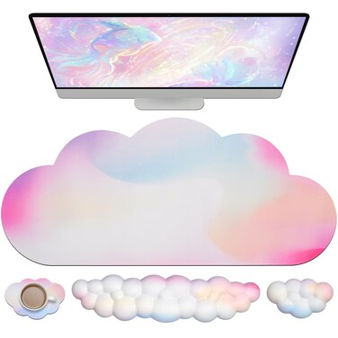 JIKIOU Large Cloud Mouse Pad Waterproof with Cloud Keyboard Wrist Pad and Cloud Mouse Wrist Pad Set, Ergonomic Computer Desk Wrist Support Mousepad for Keyboard and Mouse Rainbow