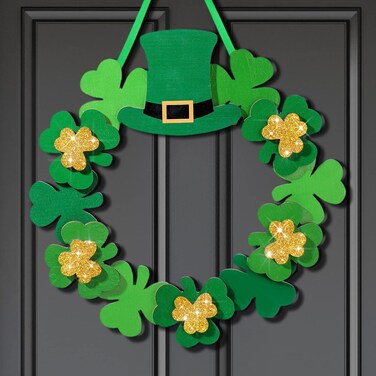 Yookeer St Patrick's Day Wreath Lucky Shamrock Door Sign Irish Lucky Wooden Hanging Sign for Front Door Spring St Patrick's Day Garland for Door Wall Home Party Decoration(Glitter Style)