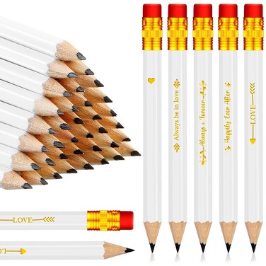 Crtiin 50 Pcs Wedding Pencils for Bridal Shower Half Pencils with Eraser Game Pencils Mini Golf Pencils 4 Inch Short Pocket Pre Sharpened Pencil for Wedding Presents, Classroom, School (White)