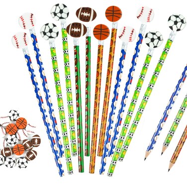 SHEHARUHI 20 Pieces Sport Pencils 20 Pcs Sports Ball Erasers Sets Wooden Baseball Football Basketball Soccer Pencils Sports Themed Teachers School Stationery Class Reward Office Supplies