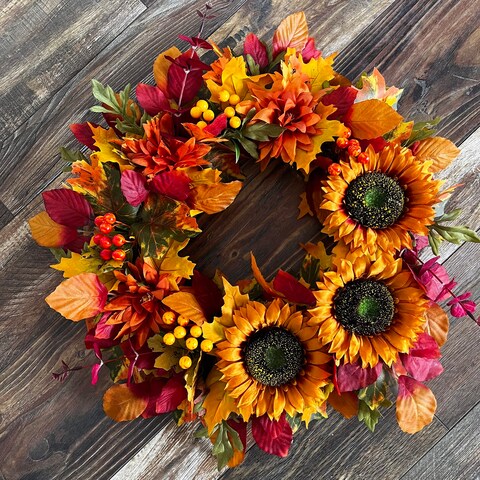 TOKCARE Fall Wreaths for Front Door,20 Inch Sunflower Wreath Fall Decorations for Home Decor Autumn Thanksgiving Halloween Indoor/Outdoor Decor Wreath