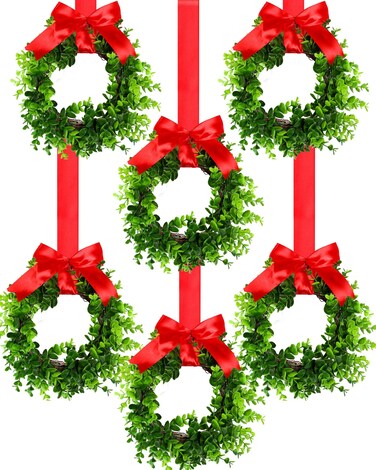 Canlierr 6 Pcs Christmas Kitchen Cabinet Wreaths with Ribbon Mini Christmas Wreath Xmas Small Cabinet Wreaths for Window Door Chair Wall Christmas Decoration(Fresh)