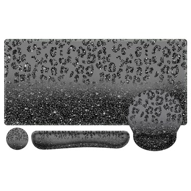 iLeadon Mouse Pad Set, Desk Mat + Mouse Pad with Wrist Rest + Keyboard Wrist Rest + Coaster, 4in1 Ergonomic Mouse Pad, Desk Pad Mat and Keyboard Pad Set for Home Office, Black Leopard