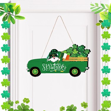St Patrick's Day Front Door Sign Wooden Shamrocks Plaque Wreath and Garland Ornament Irish Gnome Lucky Truck Hanging Welcome Board Spring Home Wall Green Lucky Decoration (Wreath+Garland)