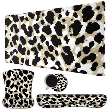 Gaming Mouse Pad with Wrist Rest and Keyboard Support Set, Full Desk Mousepad Memory Foam Non Slip Mouse Wrist Cushion Pad with Coasters Desk Pad for Keyboard and Mouse(31.5&times;11.8 in), Leopard Print