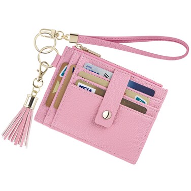 New Fashion Kingdom Wristlet Keychain Wallet for Women Slim Rfid Blocking Credit Card Holder Wristlet Zip Id Case Wallet Small Compact Leather Wallet Coin Purse for Women (Pink)