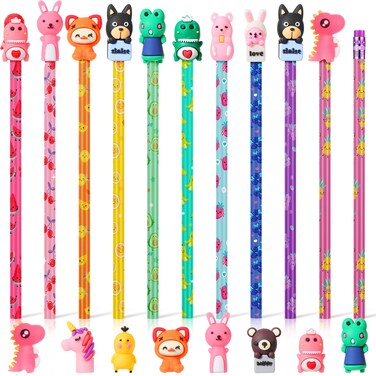 Ireer 60 Pcs Scented Pencils for Kids Animal Fruit Scent HB Graphite Pencils with 60 Pcs Cartoon Pencil Toppers Cute Pencil Cap Gift for School Office Classroom Party Reward Supplies (Bright Style)
