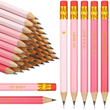 Crtiin 50 Pieces Baby Shower Pencils for Games Golf Half Pencils Mini Pencils for Baby Shower Presharpened Pencils with Erasers for Wedding Party Office, 4 Inch(Gradient Pink,Girl Style)