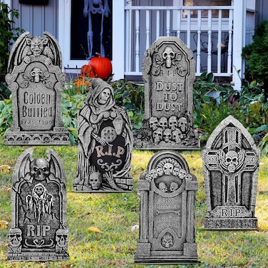 6 Styles 27 Inch Halloween Tombstone Yard Stakes Signs Graveyard Tombstones Yard Signs Corrugated Rip Tombstones Halloween Sign with Stakes Signs for Halloween Props Lawn Decorations