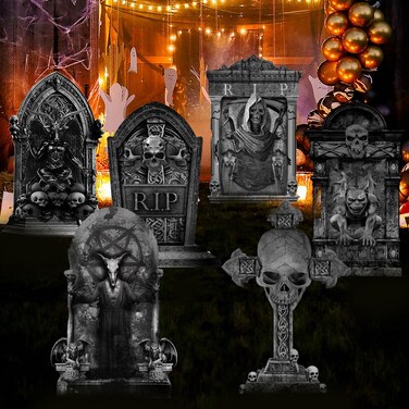 ontigola 16 Inch Halloween Graveyard Tombstones Prop Yard Stakes Signs 6 Styles Outdoor Headstones for Cemetery Halloween RIP Graveyard Tombstones Outdoor Props Yard Decorations with Stakes
