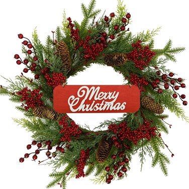 AMF0RESJ Artificial Christmas Wreaths for Front Door with red Berry,Pine Cones,Pine Needles for Indoor Outdoor Farmhouse Home Wall Window Festival Wedding Decor