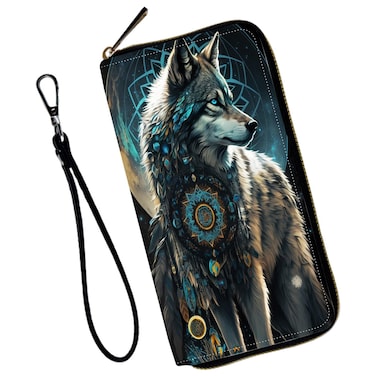 Mxfdegf Wristlet Wallet for Women Teen Girls RFID Blocking Credit Card Holder with Removable Wristlet, Leather Phone Wallet Clutch Large Capacity Ladies Travel Purse-Dream Catcher Wolf