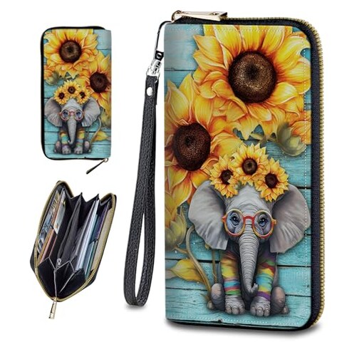 CAPAUNVDA Wristlet Wallets For Women With Card Holder Zipper Pocket,Slim PU Leather Cute women&#39;s Wristlet Wallet Clutch For Women Girls,Cute Elephant Sunflowers