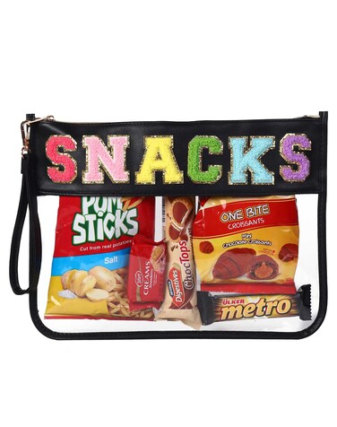 HAIBOLAN Chenille Letter Clear Bag Purse Travel Patch Pouch for Women Snack Bag Tote Bag (small-black-snacks)