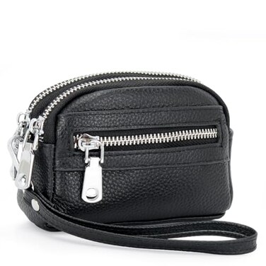 ALLITIC Coin Purse for Women Genuine Leather Small Triple Zipper Coin Wallet Pouch with Removable Wristlet Strap (Black Coin Wallet)