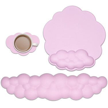 JIKIOU Cloud Mouse Pad Wrist Support, Upgrade Enlarge Leather Mouse Pads Keyboard Wrist Rest, Comfortable Memory Foam Wrist Rest for Computer Laptop Mac Gaming Office and Pain Relief Pink