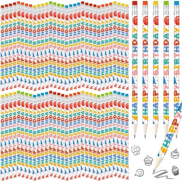 Kosiz 400 Pcs Happy Birthday Pencils Bulk for Students Classroom Christmas Birthday Gifts Colorful Printed with Top Erasers Wooden Pencils for Classrooms Kids Birthday Party Supplies(Balloon Style)