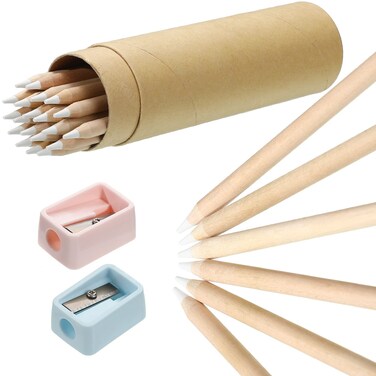 Tenare 20 Pieces Wooden White Chalk Pencils with Sharpener and Kraft Paper Pen Container, Real Slate Chalk Pencils for Drawing Sketching Chalk Board