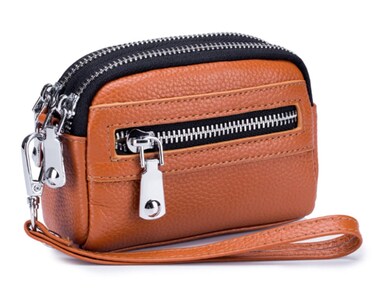 Genuine Leather Mini Wristlet Wallet for Women, 3 Zipped Coin Purse Small Pouch with Wristlet Strap (Cognac)