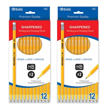 BAZIC Pencil Wood Pre-Sharpened Pencil #2 HB, Latex Free Eraser Yellow Pre Sharpened Pencils for Exam Sketching School Office (12/Pack), 2-Packs