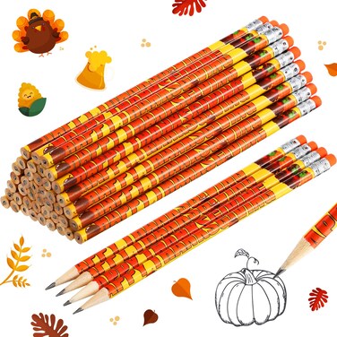 100 Pieces Thanksgiving Pencils Bulk Fall Themed Pencils with Erasers Wood Fall Pumpkin Turkey Pencils for Sketching and Drawing Class Reward School and Office Stationery Thanksgiving Party Favors