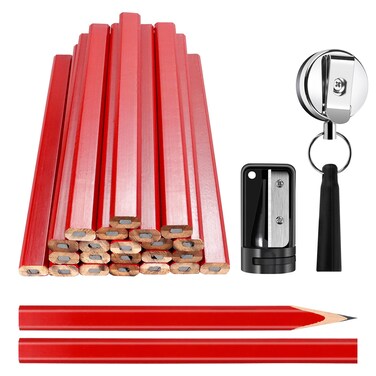 Rcybeo Carpenter Pencils 24pcs Construction Pencil 7 Inches Flat Black Carpenter Pencil with Pencil Sharpener Retractable Carpenter Pencil Holders for Woodworking Marking Tool (red)