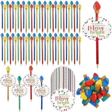 Geyoga Christmas Pencils Erasers Gifts Set with Bulb Eraser Toppers for Students from Teacher Classroom Reward Merry Bright Cards Red Green Gold Pencil Eraser Bulk for Xmas Gifts, 4 Colors(60 Set)
