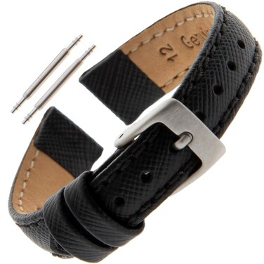 Gilden 10-12mm Ladies Saffiano-Style Black Leather Watch Strap SAFSTY-0110 (10 millimeter end width, Black, Silver-Tone Buckle)