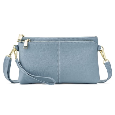 ZOOEASS Triple Zip Small Crossbody Bag Lightweight Purses Vegan Leather Wristlet Clutch, Includes Adjustable Shoulder (Wathet