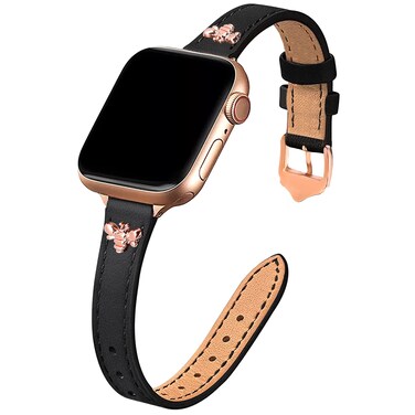 JR.DM Elegant Slim Leather Bands Compatible with Apple Watch Band 38mm 40mm 41mm 42mm 44mm 45mm 49mm, Designer Top Grain Black Leather Watch Band with Charms, Feminine Design for Ultra SE &amp; Series 8 7