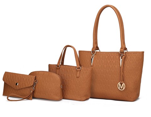 MKF Collection Tote Bag for Women, Shoulder Handbag &amp; Wristlet Pouch Purse Top Handle Vegan Leather 4Pcs Set Pocketbook Edelyn Tan Brown by Mia k