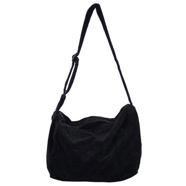 Corduroy Crossbody Bags for Women, Casual Retro Shoulder Bag with Adjustable Strap, Large Tote Bag with Zipper Pockets for Work, Beach, Travel (Black)