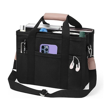 Women Multi-pocket Canvas Tote Bag Large Capacity Shoulder Crossbody Handbag With Compartments(Black)