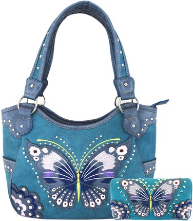 Western Style Springtime Embroidery Butterfly Floral Leather Totes Purse Country Handbag Women Shoulder Bag Wallet Set (#3 Turquoise)