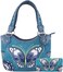 Western Style Springtime Embroidery Butterfly Floral Leather Totes Purse Country Handbag Women Shoulder Bag Wallet Set (#3 Turquoise)