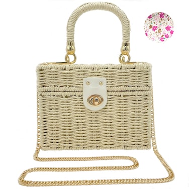 Handwoven Rattan Bag for women-Wicker Woven Square Crossbody vintage Chic Casual Beach Boho Tote Bag Straw Bag White（no pendant）