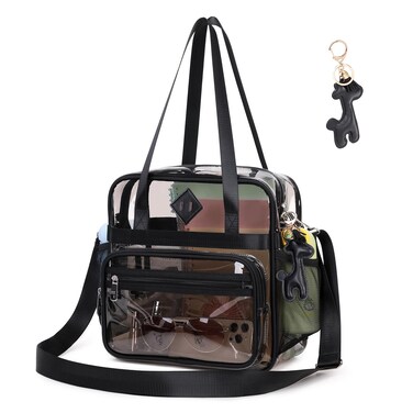 Clear Tote Bag, 12x6x12 Clear Bag for Stadium Events with Removable Strap See Through Bag for Women Transparent Shoulder Crossbody Concert Bag for Men for Festival Work, Semi-Black