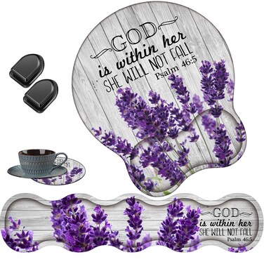 Keyboard Wrist Rest Support and Wrist Rest Mouse Pad with Non-Slip PU Base with Coaster Hook Gel Memory Mouse Pad Combo for Gaming, Office Pain Relief - Psalm 46:5 Purple Lavender