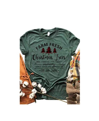 Women Farm Fresh Christmas Trees T Shirt Vintage Pine Spruce Fir Cedar Graphic Tees Funny Letter Print Tops Blouse (L, Green)