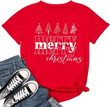 Woffccrd Womens Casual Christmas Shirts Merry Christmas T-Shirts Christmas Tree Shirts Leopard Merry Graphic Tee Tops (XL,M1 Red)