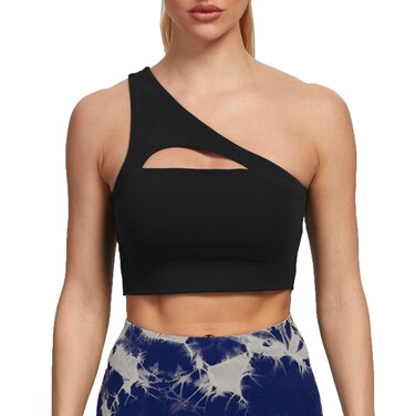 Aoxjox Women's Workout Sports Bras Fitness Gym Olivia Asymmetric One Shoulder Padded Bra Yoga Crop Tank Top (Black, Small)