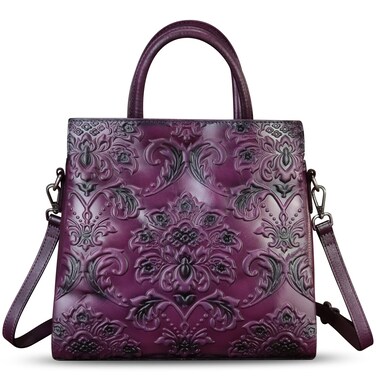 Genuine Leather Tote Bag for Women Satchel Embossed Leather Handbag Top Handle Bags Handmade Purse Crossbody Handbags (Purple)