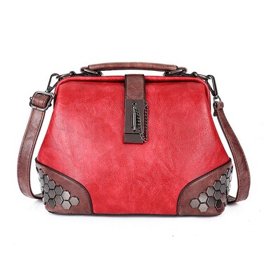 Mn&amp;Sue Gothic Rivet Studded Vintage Doctor Style Cross Body Convertible Bucket Shoulder Handbag for Women (Red)