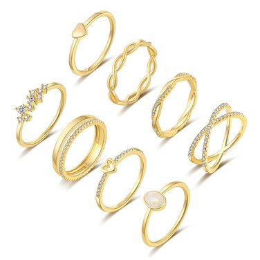 RLMOON 8PCS 14K Gold Plated Ring Set for Women Dainty Twist Simulated Diamond Ring Eternity Band Non-Tarnish Gold Stackable Ring Size 6