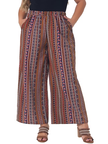 Agnes Orinda Plus Size Palazzo Pants for Women Stripe Boho Wide Leg Paper Bag Pants Beach Casual Summer 4X Red Brown