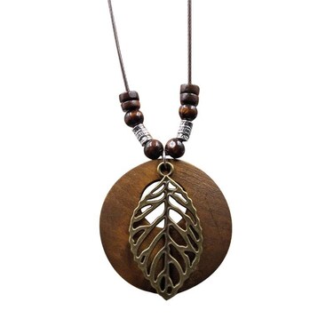 KIFEDSLJ Wooden Pendant Necklace with Owl Leaf Elephant Flower Handmade Vintage Bronze Leaf Long Leather Chain Sweater Necklace for Women-leaf