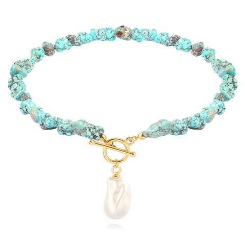 Natural Turquoise Necklaces for Women Bohemian Beaded 18k Gold Toggle Baroque Pearl Pendant Necklace