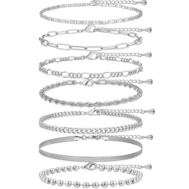 Poxtex Silver Ankle Bracelets for Women Waterproof, 925 Silver Dainty Anklets for Women Large Ankle, Sterling Silver Jewelry Set, Beaded Anklet for Women, Cuban Link for women No Tarnish
