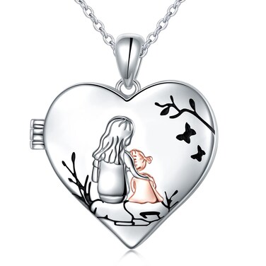 Ladytree S925 Sterling Silver Love Heart Mother and Child Keepsake Hold Pictures Photo Locket Memory Pendant Necklace Gifts for Women Grandma Mother Daughter