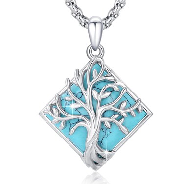 Tree of Life Necklace for Women Sterling Silver Square Turquoise Crystal Tree of Life Pendant Necklace Family Tree Jewelry for Mom Birthday